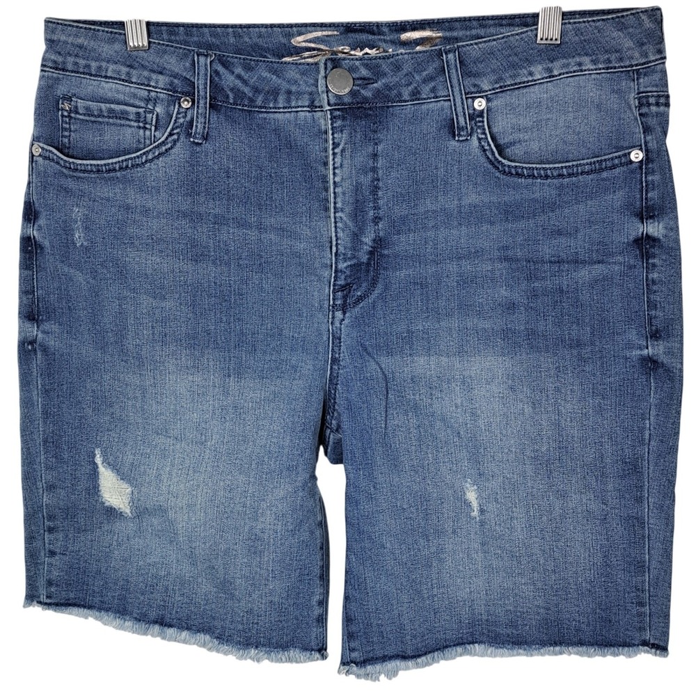 Seven7 Sunset Bermuda Denim Shorts Womens 14 Blue Jean Frayed‎ Hem Distressed